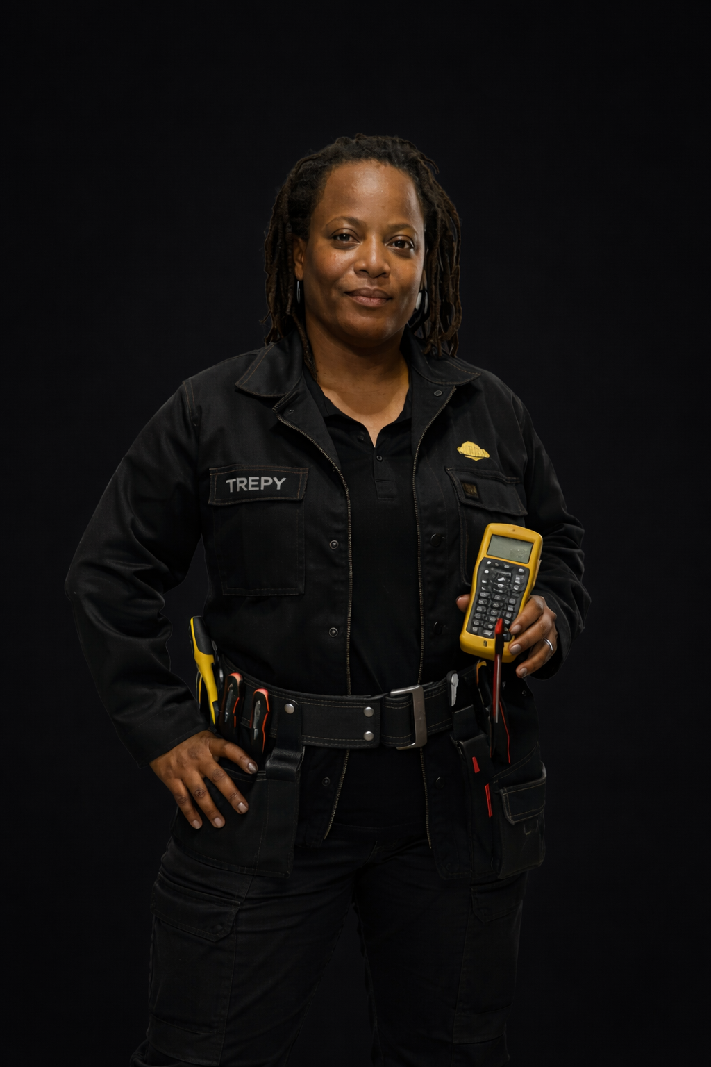 Tatiana Trepy, électricienne et experte SSI à Lyon, avec escabeau et multimètre